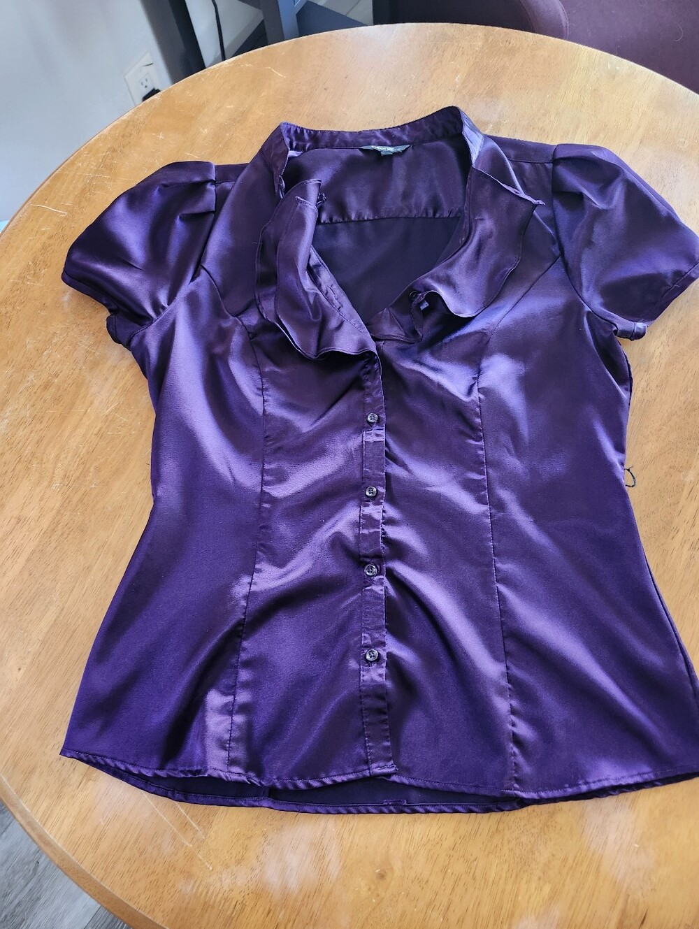 Dark Purple Ruffle Blouse Large Satin Look Tailored Fit, George